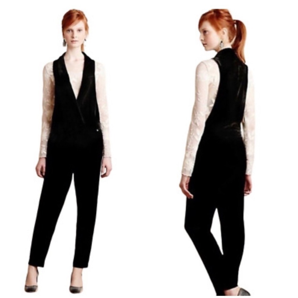 Anthropologie Harlyn Silk Blend Velvet Sleeveless Surplice Jumpsuit Tuxedo Blk M